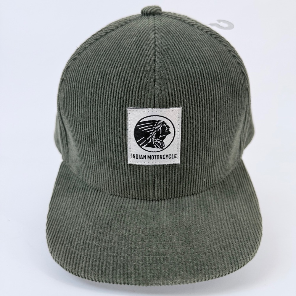 Indian Motorcycle Hat Corduroy Green Flat Bill Adjustable Biker Cap‎ Mens NWOT